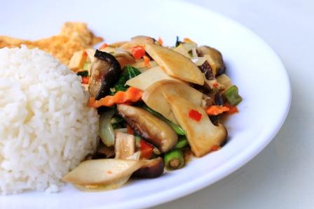 čína tofu s míchanou zeleninou a smaženým vejcem v bílém talíři s rýží